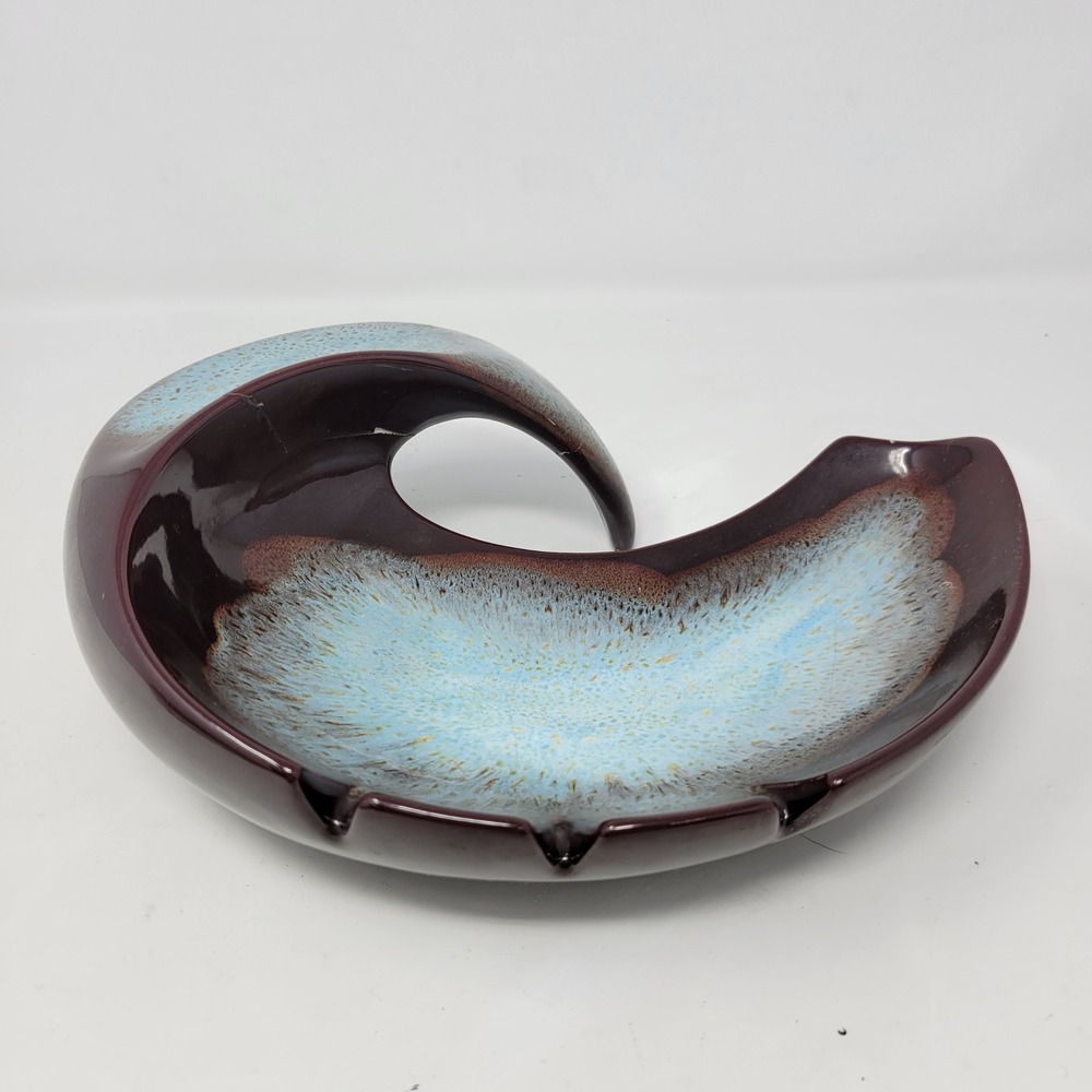 Atlantic Mold Vintage MCM Ashtray Burgundy Blue Drip Glaze 1961